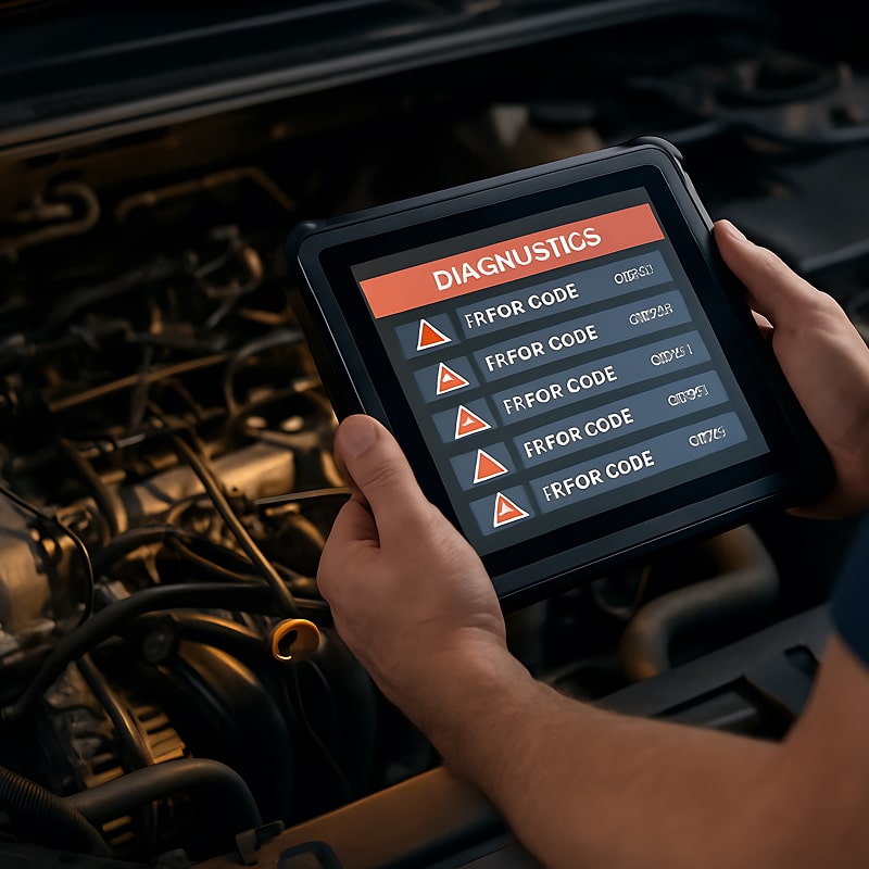 Réparation automobile : Atelier moderne avec véhicules sur ponts Garage automobile moderne et lumineux avec mécaniciens en blouse blanche réparant des véhicules sur des ponts élévateurs rouges, moteur apparent.