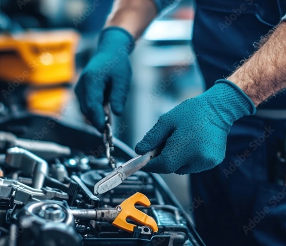 Réparation automobile : Atelier moderne avec véhicules sur ponts Garage automobile moderne et lumineux avec mécaniciens en blouse blanche réparant des véhicules sur des ponts élévateurs rouges, moteur apparent.