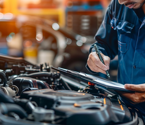 Réparation automobile : Atelier moderne avec véhicules sur ponts Garage automobile moderne et lumineux avec mécaniciens en blouse blanche réparant des véhicules sur des ponts élévateurs rouges, moteur apparent.